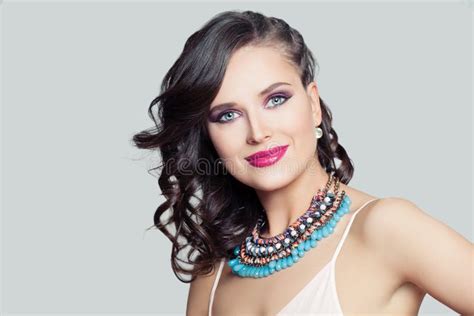 Cheerful Lady Portrait Pretty Smiling Model Woman With Trendy Makeup