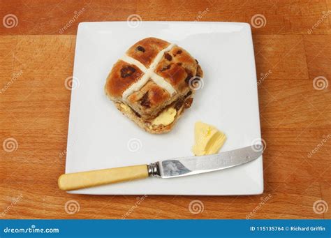 Hot Cros Bun On A Tabletop Stock Photo Image Of Buttered