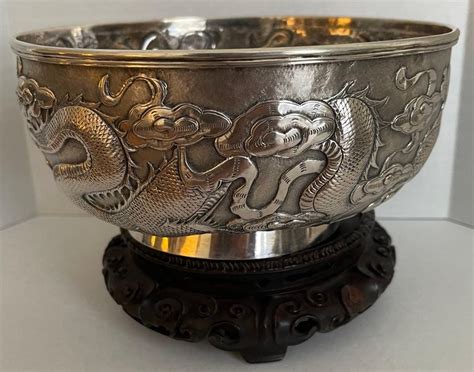 Chinese Export Silver Dragon Bowl On Stand For Sale At 1stdibs