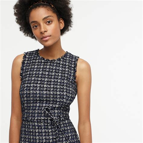 Jcrew Belted Sheath Dress In Textured Houndstooth Tweed In Navy Ivory