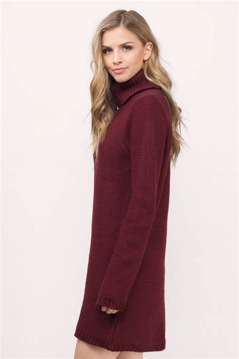 Cute Wine Dress Turtleneck Dress Army Red Sweater Day Dress 17