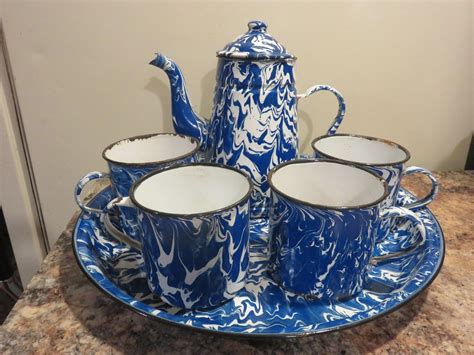 Antique Cobalt Blue White Swirl Enamelware Agateware Tea Coffee Pot