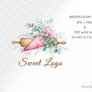 Bakery Rolling Pin Logo Watercolor Bake Logo Piping Bag Log Food Logo