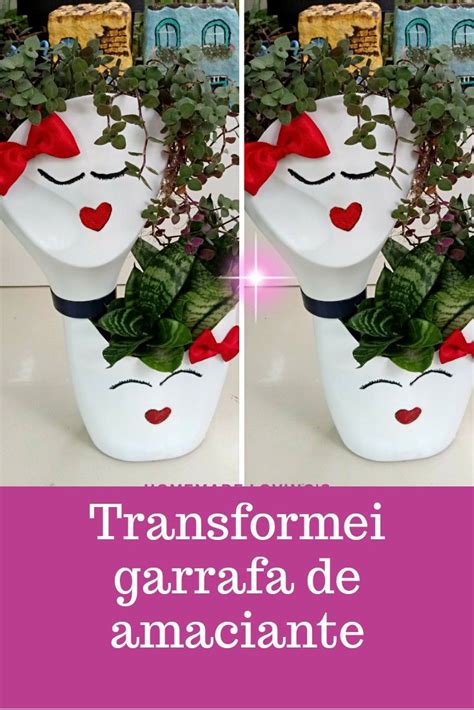 Idéia garrafa de amaciante transformada em 2 vasos plantas