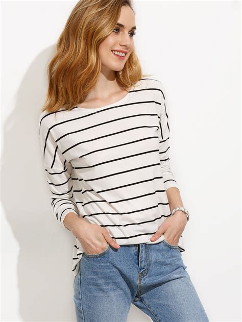 White Striped Drop Shoulder T Shirtfor Women Romwe