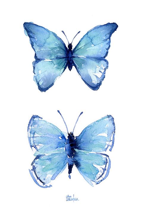 Two Blue Butterflies Watercolor Painting by Olga Shvartsur