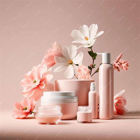 Premium Photo Beauty Products With Pink Flowers On A Soft Pink Background Cosmetic And