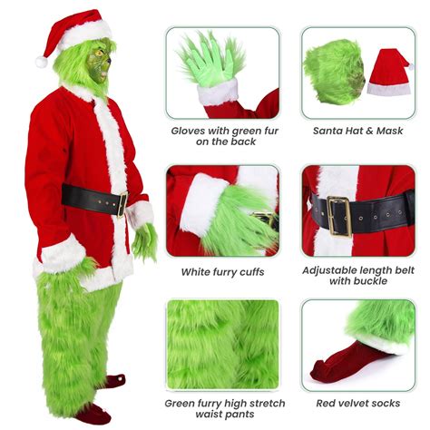 Junbyone 7pcs Grinch Costume Adult Green Christmas Costume For Men Women Halloween Costumes