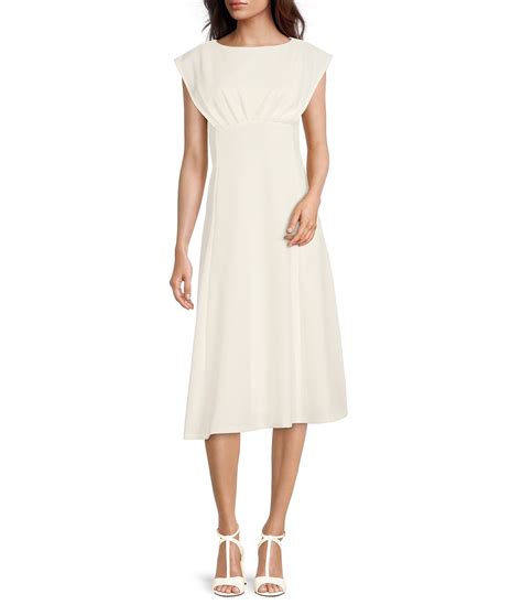 Calvin Klein Sleeveless Boat Neck Pleated Scuba Crepe A Line Midi Dress