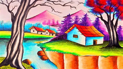 Pencil Colour Beautiful Landscape Drawing - bmp-online