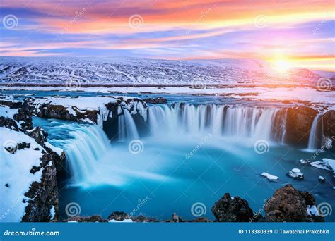 Godafoss Waterfall At Sunset In Winter Iceland Stock Image Image Of Glacier Gorgeous 113380339