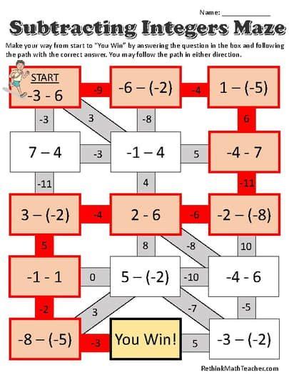 Maze Worksheets Adding Subtracting Mult And Div Integers And 1