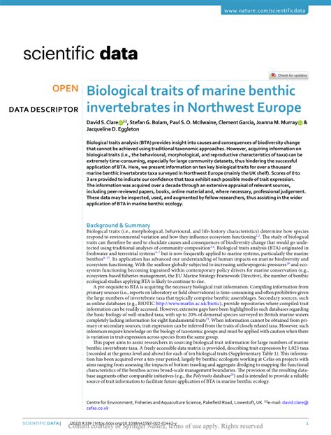 PDF Biological Traits Of Marine Benthic Invertebrates In Northwest Europe