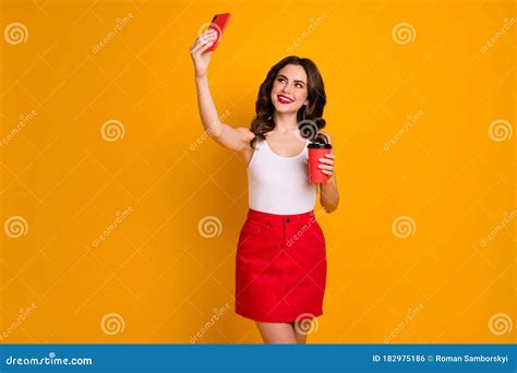 Photo Of Pretty Millennial Lady Hold Mug Coffee To Go Telephone Taking