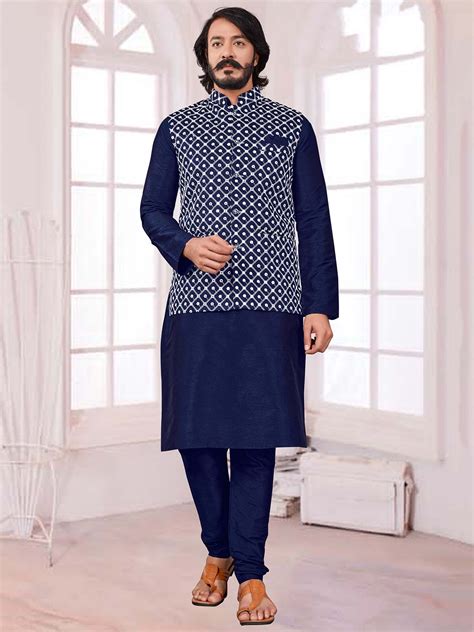 Blue Colour Designer Kurta Pajama Jacket In Art Silk Fabric