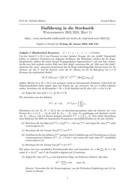 Grundlagen Der Stochastik Wi Se 23 24 Blatt 11 Prof Dr Matthias