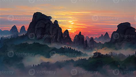 Early morning sunrise in the Huangshan mountains. Generative Ai ...