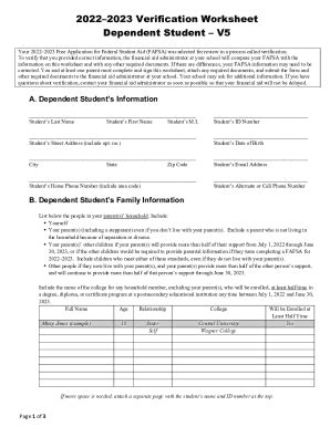 Fillable Online Verification Worksheet Dependent Student V