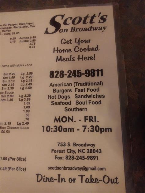 Menu at Scott's On Broadway restaurant, Forest City