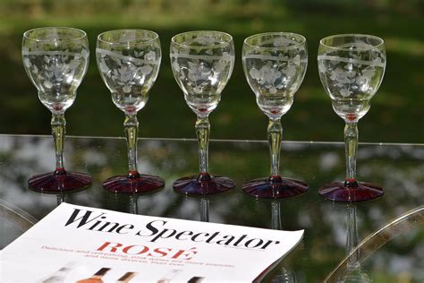 Vintage Etched With Ruby Red Foot Wine Glasses Set Of 5 Circa 1950 5