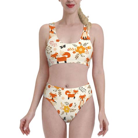 Adobk Flower Fox Print Women High Waisted Bikini Set Sports Swimsuit