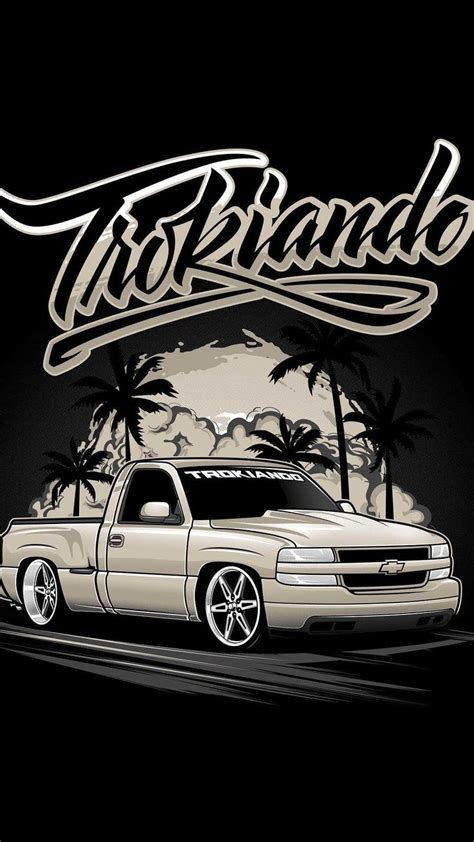 A White Truck Parked In Front Of Palm Trees With The Words Troprado On It