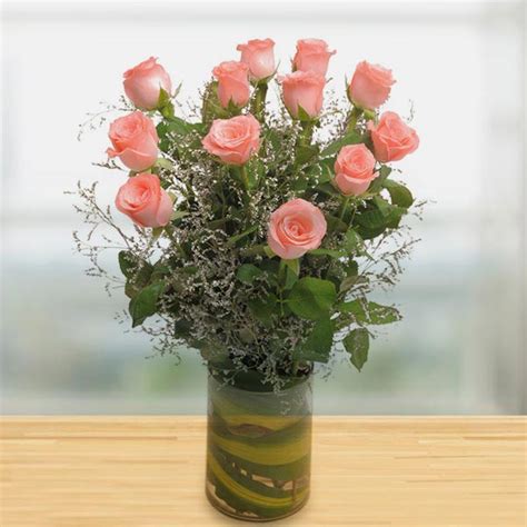 Send Lovely Pink Roses In Glass Vase Arrangement Online Gal22 108578