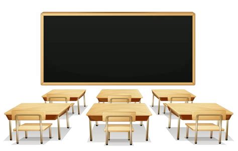 School Classroom with Blackboard and Desks PNG Clipart