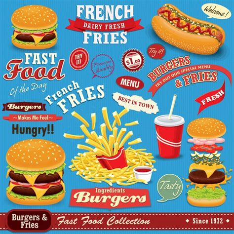 Vintage Fast food poster set design with burgers, fries, drink, donuts ...