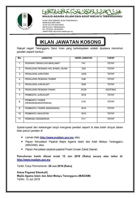 Jawatan Kosong Maidam Negeri Terengganu Jun Tutup Jun