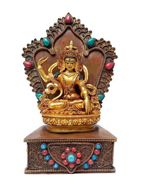 Buddhist Miniature Statue Of Green Tara With Throne Full Gold Plated