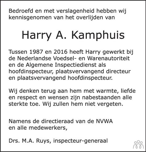 Harry A Kamphuis Overlijdensbericht En Condoleances