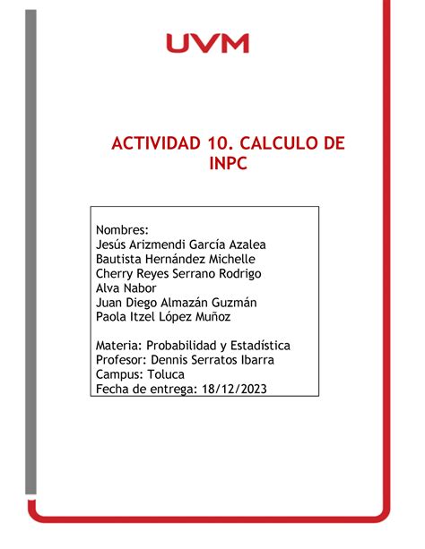 Actividad 10 Calculo De INPC ACTIVIDAD 10 CALCULO DE INPC Nombres