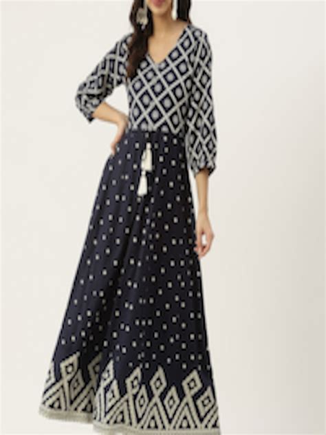 Buy Rustorange Blue And White Ethnic Motifs Maxi Dress Ethnic Dresses