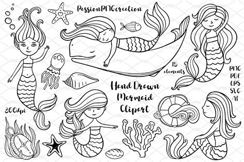 Hand Drawn Mermaid Clipart By Passionpngcreation Thehungryjpeg