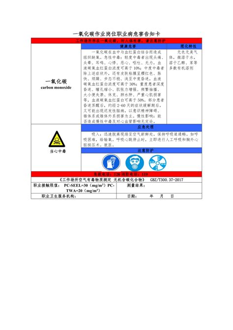 氮氧化物一氧化碳铜烟工频电场职业病危害告知卡