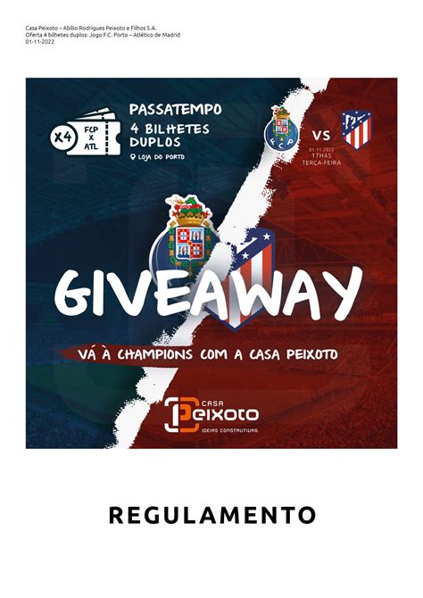 Casa Peixoto Regulamento Giveaway Porto x Atlético Madrid 1 11 2022