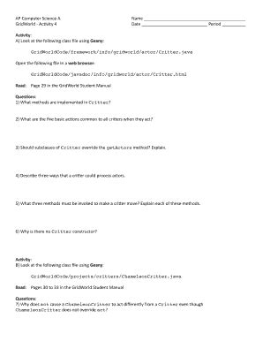 Fillable Online AP Computer Science A Name GridWorld Ac Vity 4 Date