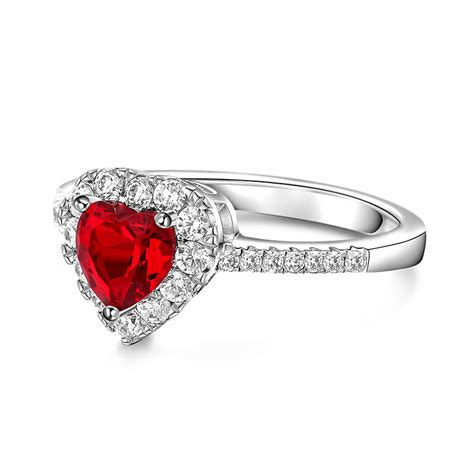 Jeulia Halo Anello Taglio Cuore Con Pietra Rossa In Argento Sterling