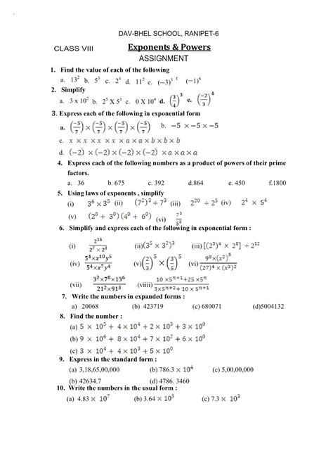 Exponents And Powers Class 8 Worksheets