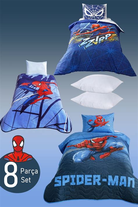 Taç Spiderman 8 Parça Set Uyku Seti Nevresim Takımı Yatak Örtüsü