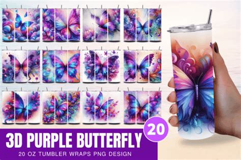 3d Purple Butterfly 20 Oz Tumbler Wrap Graphic By Craft Fair Creative