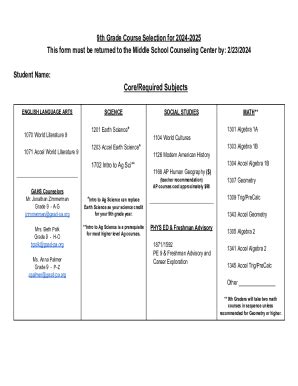 Fillable Online Th Grade Course Selection Form Fax Email Print