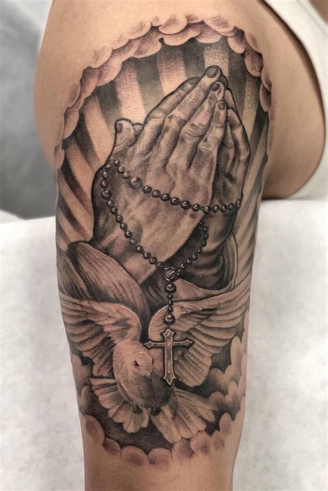 Praying Hands With Rosary Tattoo On Chest