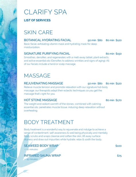 Spa Menu Templates And Designs From Imenupro