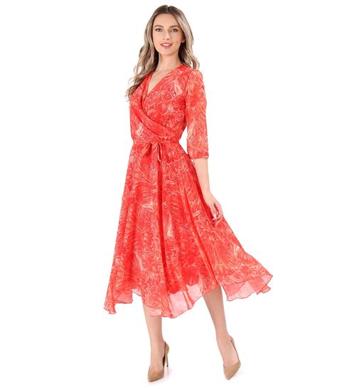 Printed Veil Dress With Paisley Motifs Orange Yokko