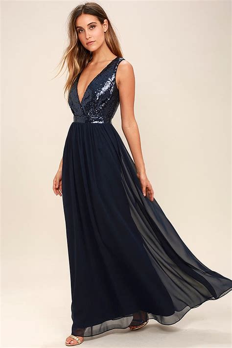 Lovely Navy Blue Maxi Dress Sequin Maxi Dress Plunge Sequin Dress