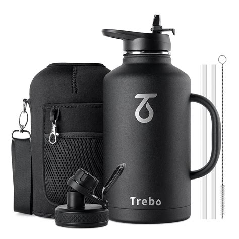 Trebo 64oz Water Bottle Insulated With Straw 2 Lids Half Gallon