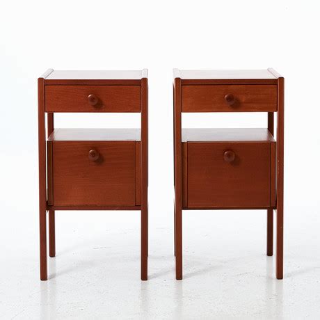 Bedside Tables Pair Stained Beech With Drawer And Cabinet Part