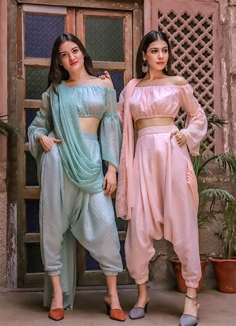 Off Shoulder Crop Top With Dhoti Pants And Attached Dupatta Etsy